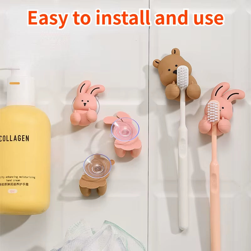 Cartoon Bunny Toothbrush Holder Silicone Wall-Mounted Rabbit Bear Toothbrush Holder Suction Cup Sundries Storage Rack Home