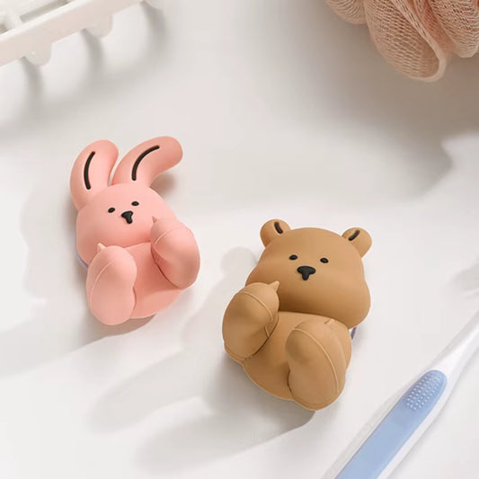 Cartoon Bunny Toothbrush Holder Silicone Wall-Mounted Rabbit Bear Toothbrush Holder Suction Cup Sundries Storage Rack Home